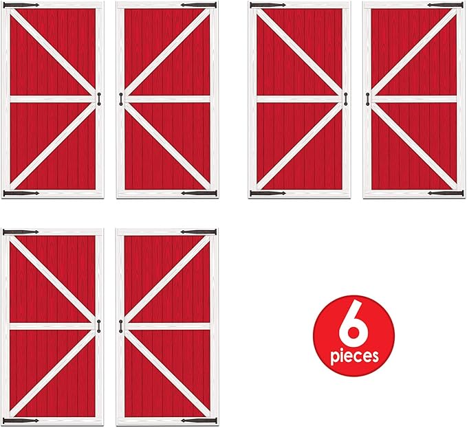 Beistle Red Barn Door Backdrop Props, 6 Pieces - Printed Plastic Animal Farm Party Wall Decorations, Western Birthday