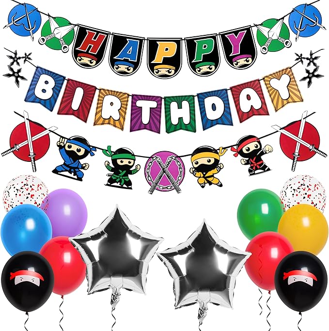 Pirese Ninja Birthday Party Decorations Kit – Japanese Ninja Birthday Banner, Ninja Party Supplies, Ninja Balloons, Martial Arts & Ninja Warrior Party Decor, Mortal Kombat Theme