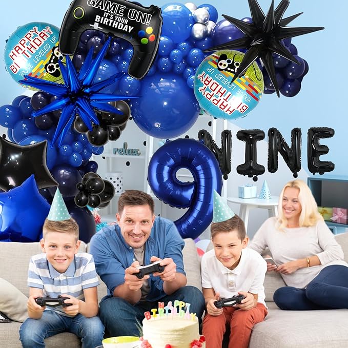 12pcs Video Game Themed Party Decorations, Number 9th Boys Birthday Party Supplies, Navy Blue Video Game Controller Mylar Foil Balloon, Video Game star Party Decoration Supplies