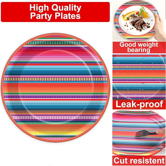 200PCS Mexican Paper Plates and Napkins Fiesta Taco Themed Party Supplies Mayo Mexican Party Decorations Serape Disposable Dessert Plates Dinner Tableware Set Stripe Mexico Dinnerware Favors