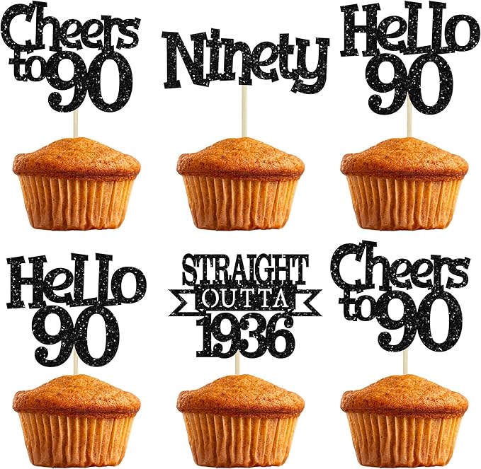 Ephlyn 24Pcs Happy 90th Birthday Cupcake Toppers Glitter Straight Outta 1936 Cupcake Picks Hello 90 Cheers to 90 Years Birthday Cake Decorations for 90th Birthday Anniversary Party Supplies Black