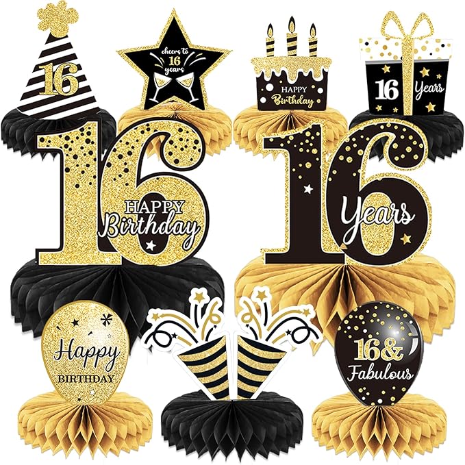 9 Pieces 16th Birthday Decoration for Boys Black Gold 16th Birthday Tables Decor Honeycomb Centerpieces Cheers to 16 Years Table Topper for Boys Girls Sixteen Years Birthday Party Supplies (16th)