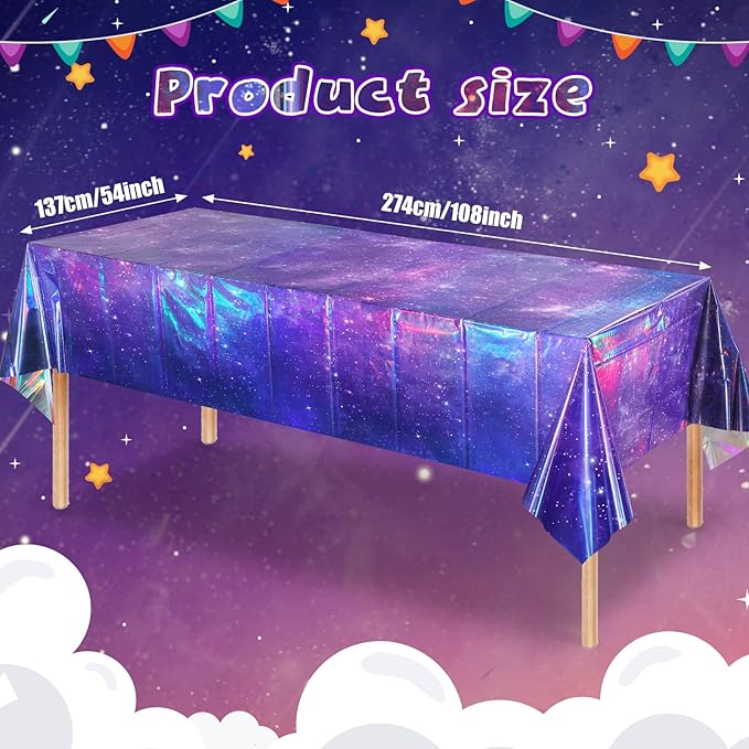 6Pcs Iridescent Space Tablecloths, Disposable Plastic Purple Galaxy Table Cloth Rectangle Table Covers for Space Starry Night Star Theme Party Birthday Party Decorations, 54x108 Inch