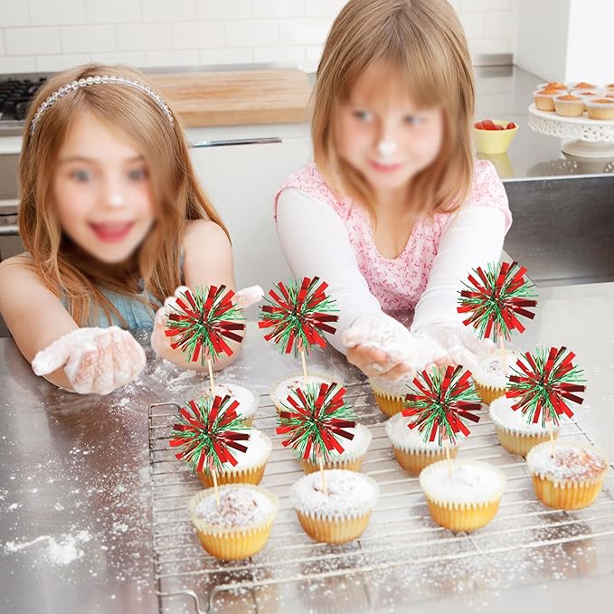 30 PCS Foil Firework Cupcake Toppers Sparkle Tinsel Cupcake Picks Happy Birthday Cake Decorations Drink Stirrers Cocktail Food Fruit Toothpicks for Baby Shower Graduation Party Supplies Red Green