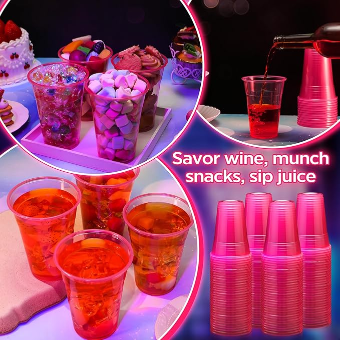LemonRoad 50 Pack Blacklight Party Glow Cups 16 oz Plastic Neon Cups Disposable Glow in the Dark for Parties Birthdays 80s Themed Events(Pink)