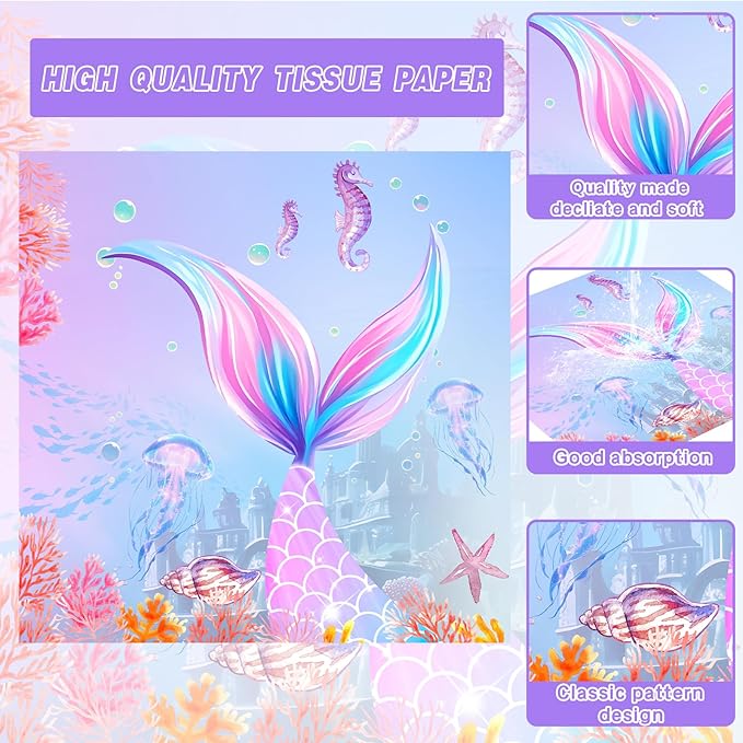 140pcs Mermaid Birthday Party Decorations Set Mermaid Party Supplies Includes Plates, Napkin, Fork, Cup Baby Shower Ocean Birthday Party Decorations, Serves 20