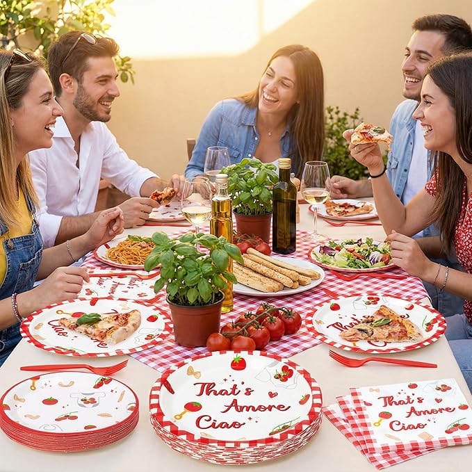 Haooryx Baby Pasta Noodle Party Tableware - 96Pcs Red Tomato Italian Noodle Baby Print Decor Disposable Paper Plates Napkins Plastic Forks for Baby Shower Boys Girls Birthday Party Table Decor Supply