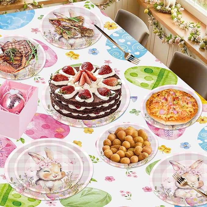 24 Pcs Easter Plates - Spring Flowers Buffalo Plaid Easters Rabbit Paper Plate, Pink Cute Bunny Dinner Dessert Plates Disposable Round Tableware Set for Happy Easter Table Decorations Party Supplies