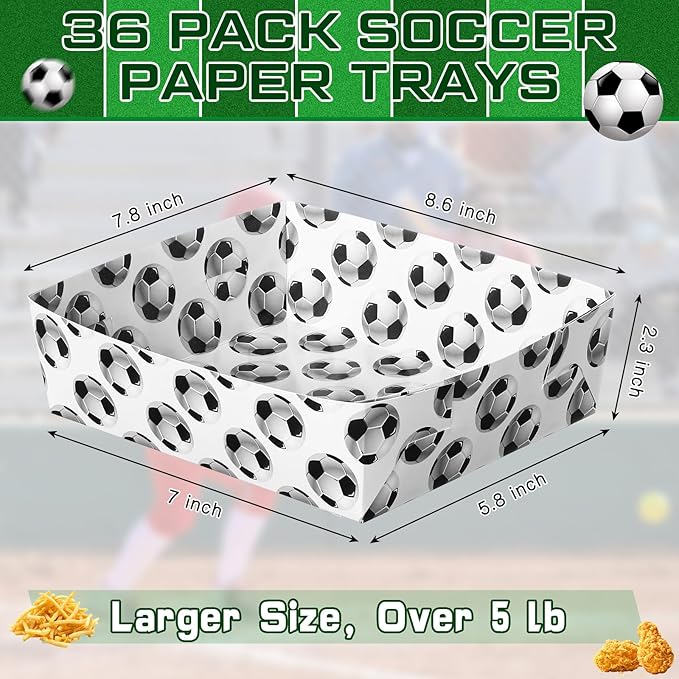 Teling 36 Pack Soccer Party Supplies Large 5 lb Soccer Plates Trays Bowls Paper Food Boats Disposable Nacho Serving Snack Trays for Sport Themed Birthday and Tailgate Party Decorations Favors