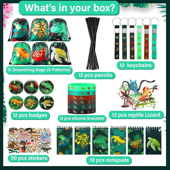 Paterr 142 Pcs Reptile Birthday Party Supplies Decorations Reptile Party Favors Bags Silicone Bracelet Wristbands Keychains Mini Notebooks Pencils Badges Stickers for Boy Girl Gift Reward