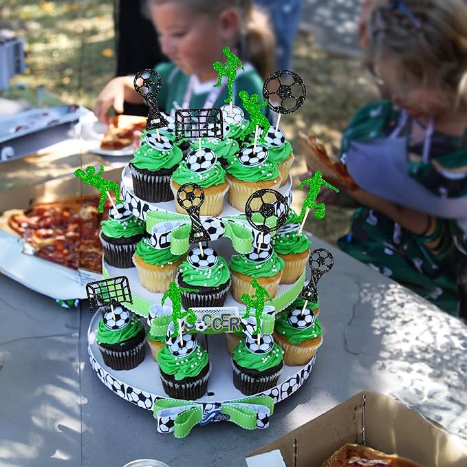24Pcs Soccer Cupcake Toppers Glitter Soccer Ball Cupcake Picks Sport Cake Decorations Football Theme Birthday Party Baby Shower Kids Boys Men Birthday Party Favors Supplies Green