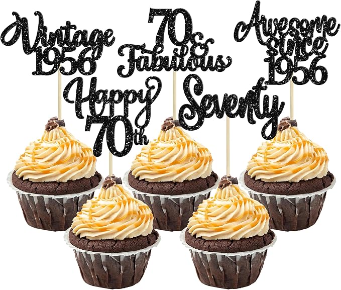 30Pcs Happy 70th Birthday Cupcake Toppers Glitter Seventy Vintage 1956 Cupcake Picks Cheers to 70 Fabulous Cake Decorations for 70th Birthday Wedding Anniversary Party Supplies Black