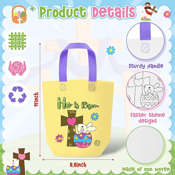 Easter Coloring Goodie Bags for Kids - 24Pcs He is Risen Bulk Color Your Own Gift Bags with Handle Religious Jesus Reusable Non Woven Coloring Tote Packet for DIY Crafts Painting Party Favor Supplies