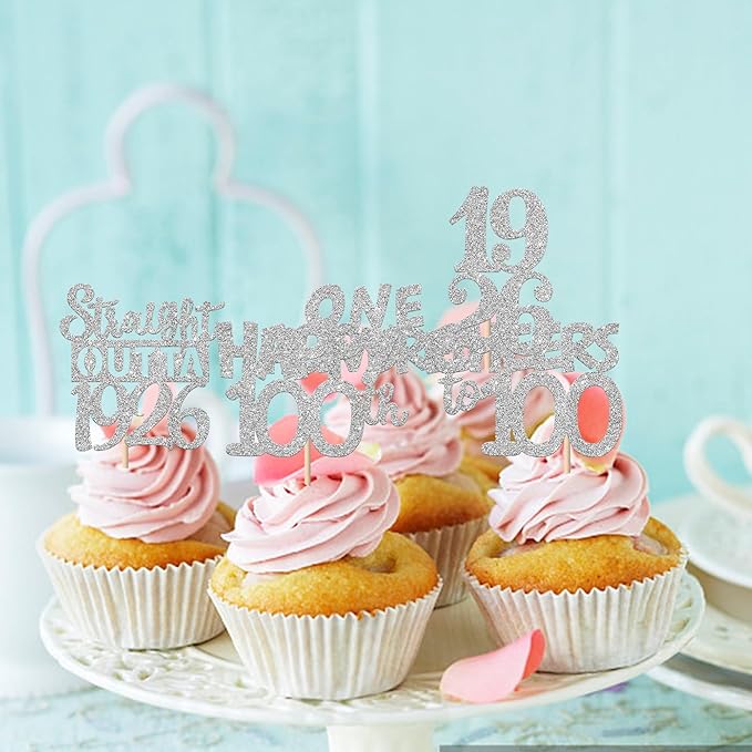 30 PCS 100th Birthday Cupcake Toppers Glitter One Hundred Happy 100 Straight Outta 1926 Cupcake Picks for Cheers to 100 Fabulous 100th Birthday Anniversary Party Cake Decorations Supplier Silver