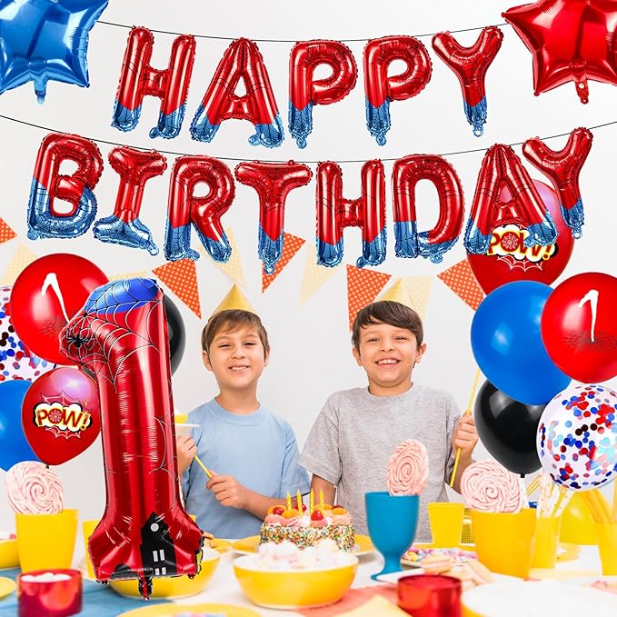 Cartoon Hero 40 Inch Red and Blue Spider Theme Number Foil Birthday Decoration Balloon, Spider Theme Happy Birthday Banner Party Decoration Balloon, Letter Logo Superhero Party Supplies (1)