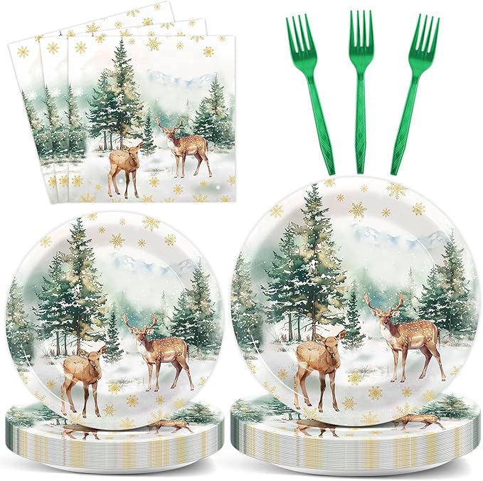 CHUNNIN 96Pcs Christmas Reindeer Paper Plates and Napkins Watercolor Deer Snow Pine Trees Snowflakes Party Decorations Winter Woodland Disposable Tableware for Xmas Holiday Birthday Party Supplies