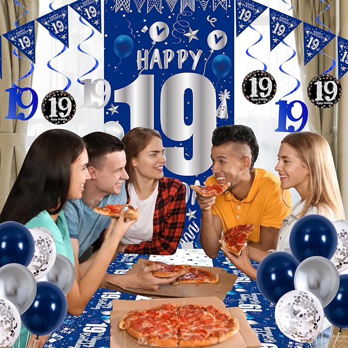 19th Birthday Decorations for Boys Men Girls, Blue Silver Happy 19th Birthday Decorations Boy with Bday Backdrop Banner Balloons Tablecloth Hanging Swirls Triangle Flag - 19 Year Old Party Supplies