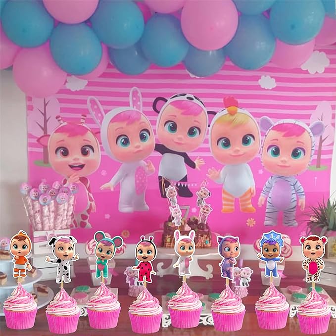 "Cri Babes Cupcake Topper – Cute Cartoon Baby Doll Theme Birthday Party Cupcake Picks – Adorable Cupcake Decorations for Birthday Celebrations, Baby Showers, and Themed Party Dessert Tables"