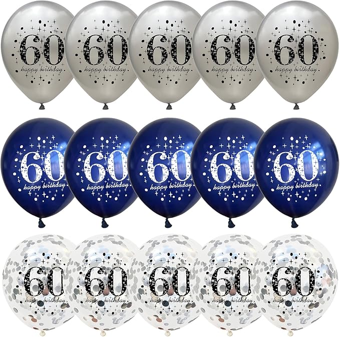 60th Birthday Decorations for Men, 15 Pieces Navy Blue Silver Happy 60th Birthday Latex Balloons Set for Him, 60th Party Decorations for Age 60 Years Old 60th Birthday Party Decor Celebration Supplies
