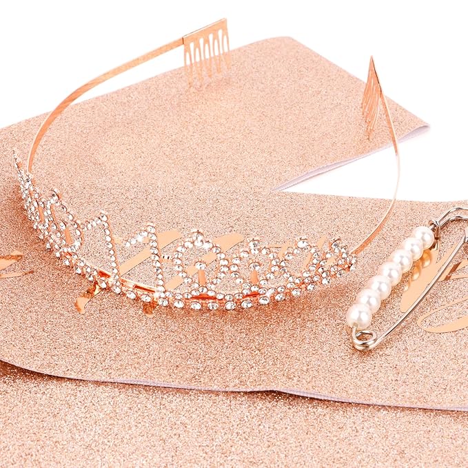 CIEHER 11th Birthday Crown + Sash + Pearl Pin Set, It's My Birthday Sash, 11th Birthday Tiara, Birthday Decorations & Gifts