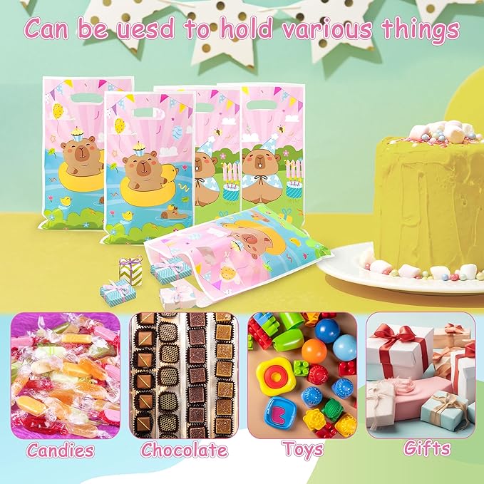 Capybara Party Favor Bags - 50Pcs Pink Capybara Patterns Goody Candy Treat Bags, Cute Animals Themed Party Decorations for Kids Boys Girls Birthday Baby Shower Animals Events Supplies