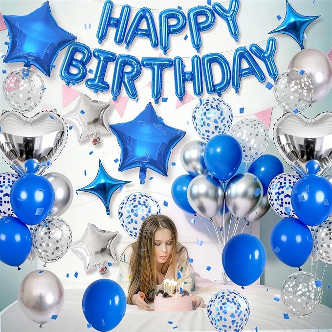 Blue Silver Birthday Decorations for Boys Dark Royal Navy Blue Metallic Silver Confetti Balloon Happy Birthday Banner 18/10 Inch Heart Foil Balloons Star Balloon for Men Bday Party Supplies