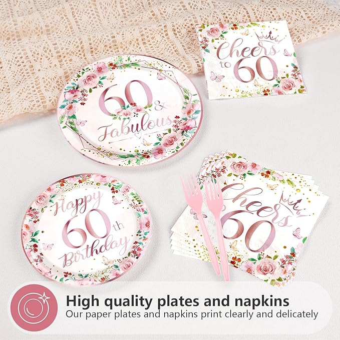 96Pcs 60th Birthday Decorations for Women Floral 60th Birthday Party Plates and Napkins Disposable Rose Gold 60 Fabulous Tableware Sets for Women 60 Years Old Party Supplies Serves 24