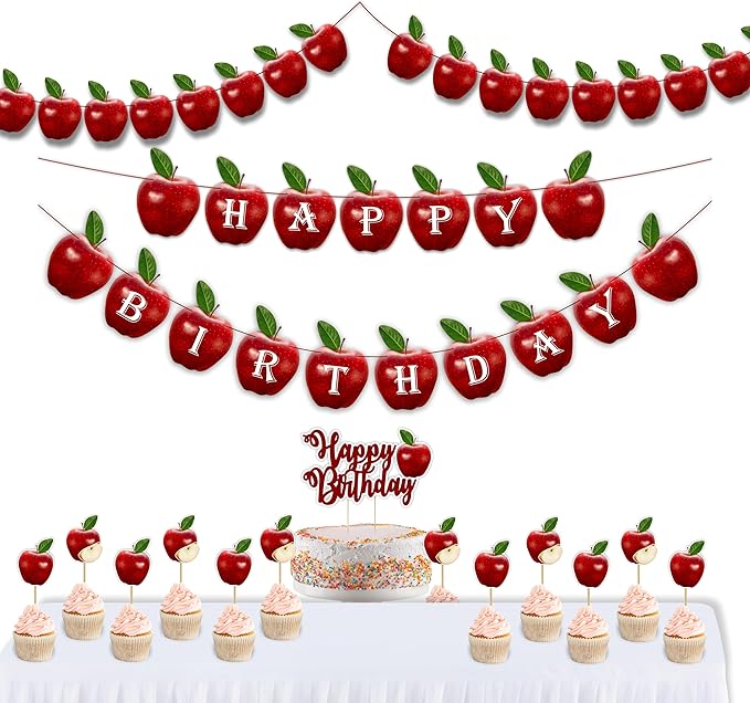 "Apple Theme Birthday Party Supplies – Red Apple Birthday Decorations for Adults – Includes Happy Birthday Banner, Cake Topper, Cupcake Toppers, Garland, and Party Table Décor"