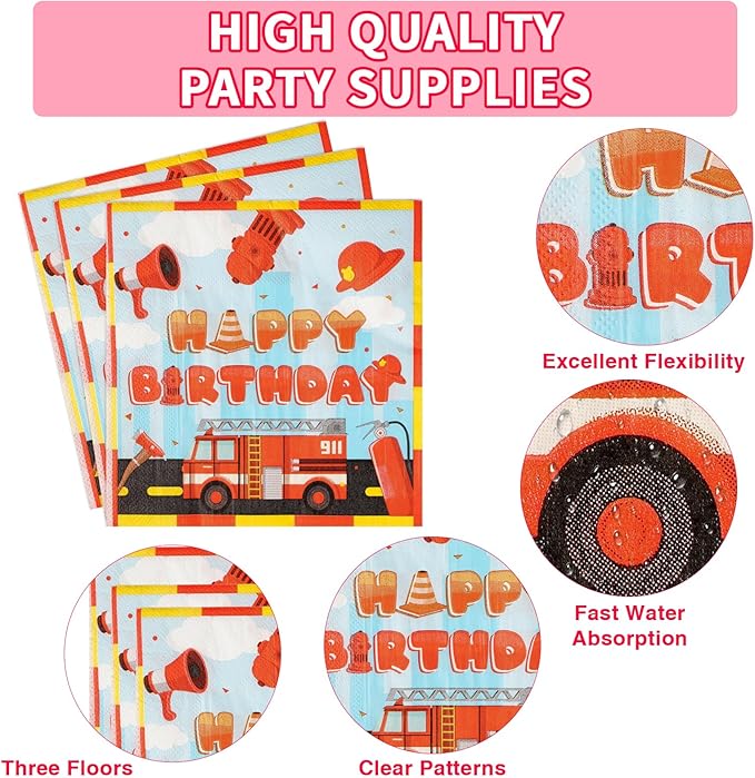 Grencian 96Pcs Firefighter Birthday Party Decorations Fire Truck Party Plates Disposable Firetruck Birthday Paper Tableware Set for Kids Fireman Fire Truck Supplies, Serves 24