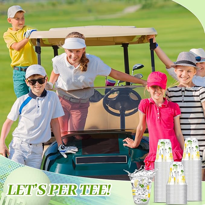 Qinyoung 100 Pcs Golf Party Supplies Bulk Clear Plastic Cups 12oz Disposable Let's Par-tee for Home Sports Golf Ball Themed Birthday Bachelor Party Supplies Favors (Yellow,Green,White)