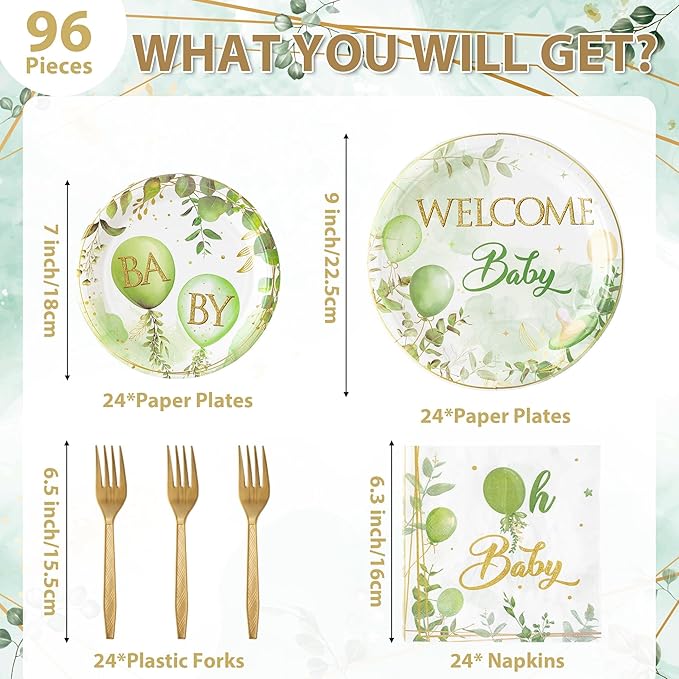 96Pcs Welcome Baby Greenery Baby Shower Sage Green Balloon Party Plates Supplies Tableware Decorations Disposable Paper Plates Napkins Forks for Birthday Gender Reveal, Serves 24