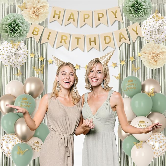 Sage Green Birthday Decorations for Women Girls, Green Sand Gold Confetti Metallic Printed Balloons Butterfly Stickers Fringe Curtain Happy Birthday Banner Star Garland Paper Pompoms Party Supplies