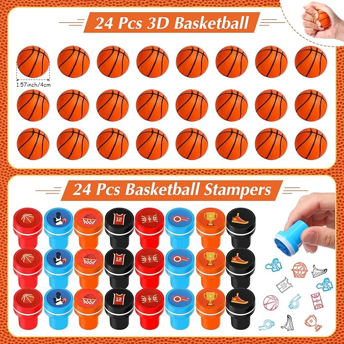 Aoriher 120 Pcs Basketball Sports Party Favors Set Serve 24, Basketball Goodie Bulk Foam Finger Mini Stress Ball Slap Bracelet Charm Bracelet Stamp for Girl Boy Kids Party Supplies