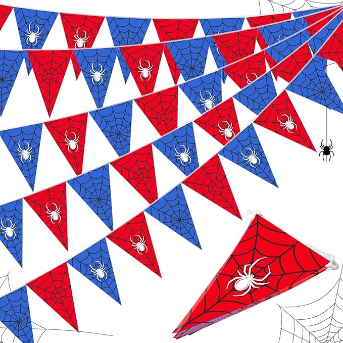 Tiamon 5 Pcs Spider Web Birthday Party Decorations Spider Theme Birthday Triangle 49.2 ft Flag Red Black Blue Pennant Banner Garland Streamer for Baby Shower Cartoon Movie Party Supply
