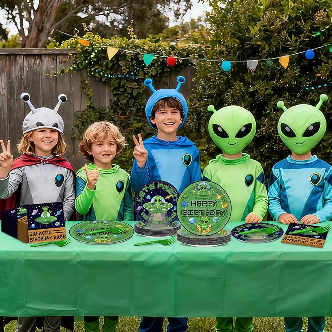 OBUSATT 96 Pcs Alien Theme Paper Plates and Napkins Outer Theme Space Birthday Party Supplies Galactic Birthday Tableware Set for Boys Girls Galaxy Party Decorations Favors for Serves 24