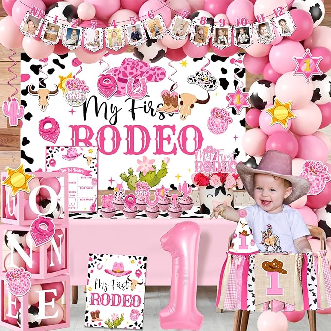 155Pcs My First Rodeo Decorations Girl,Western Cowgirl 1st Birthday Balloon Arch,Banner,ONE Box,Tablecloth Theme Party Supplies for Baby Girl 1st Birthday,Girls Baby Shower Party