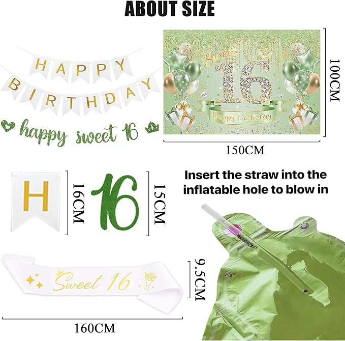 Sweet 16 Birthday Party Decorations for Girls - Sage Green 16th Happy Birthday Banner Heart Balloons Number 16, Photo Backdrop Crown Sash Party Supplies for Sixteen Years Old