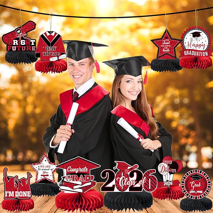 10PCS Graduation Party Decorations Class of 2026 Congrats Grad Table Centerpieces Congratulate Graduation Honeycomb Table Toppers for Graduation Party Supplies(Red Black)