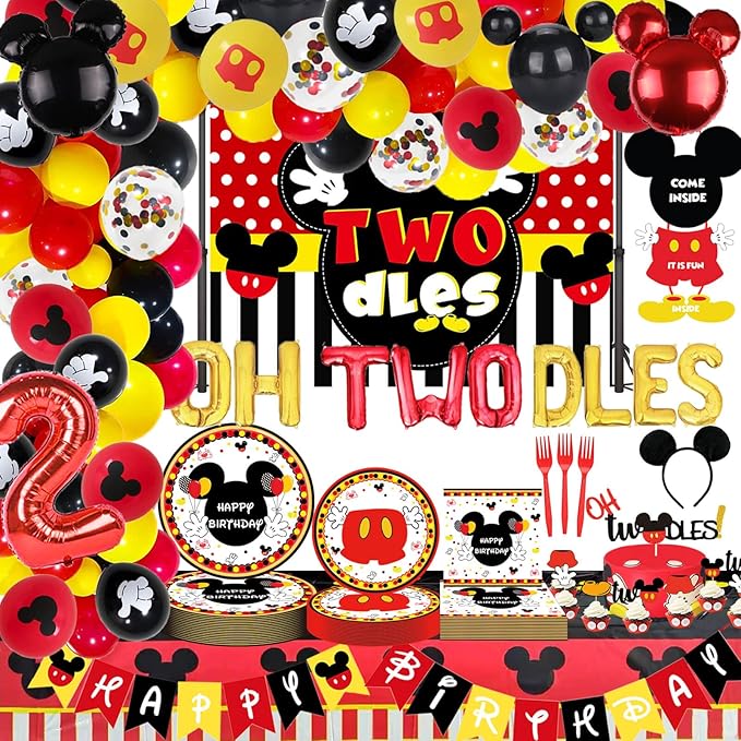 185 Pcs Oh Twodles Birthday Decor, Oh Twodles Balloons Arch Garland Kit, Red Two Backdrop, TableCloth, Tableware for Baby Boy 2nd Bday Party Supplies Decorations