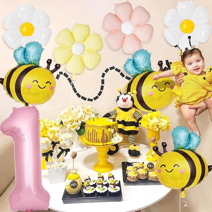 First Bee Day Decorations Girl 8 Pcs First Birthday Decor for Girl with Pink Number 1, Bee and Daisy Foil Balloon, 1st Birthday Decorations Party Supplies