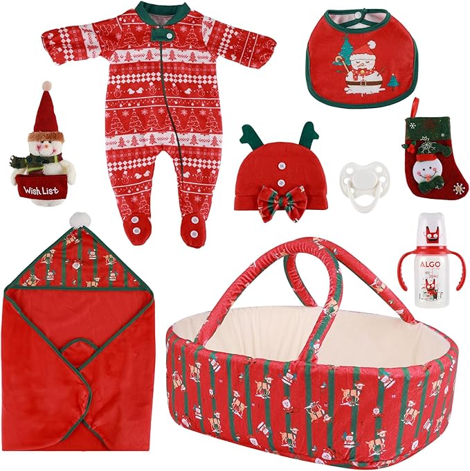 BABESIDE Reborn Baby Doll Clothes Set with Bassinet – 9 Pcs Christmas Reborn Baby Doll Accessories & Clothes with Bottle and Socks for 17-22 Inch Realistic Dolls for Girls