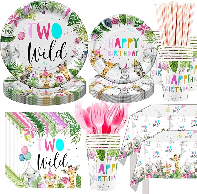 Two Wild Birthday Party Supplies Tableware Girl, Safari Jungle Theme 2nd Decorations Include Plate, Cup, Napkin, Tablecloth, Straws, Cutlery, Two Wild Dinnerware | Serve 24