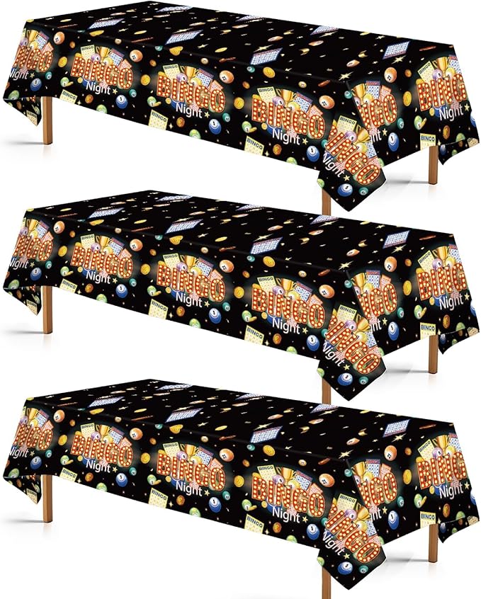 Grencian 3Pcs Bingo Tablecloth Bingo Night Table Cover Plastic Rectangle Black Game Night Table Cloth Party Decorations for Adult Boys Girls Family Game Birthday Bin-go Theme Party Supplies 54" x 108"