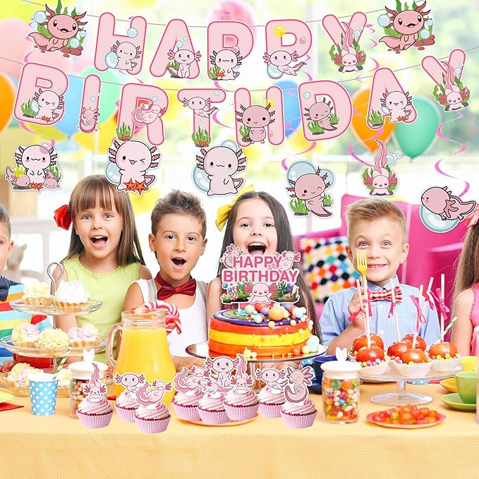 39 Pcs Axolotl Party Decorations, Include Pink Cute Cartoon Animals Happy Birthday Banners, Spiral Ornaments, Cupcaketoppers, Pink Axolotl Balloons for Birthday Party Supplies
