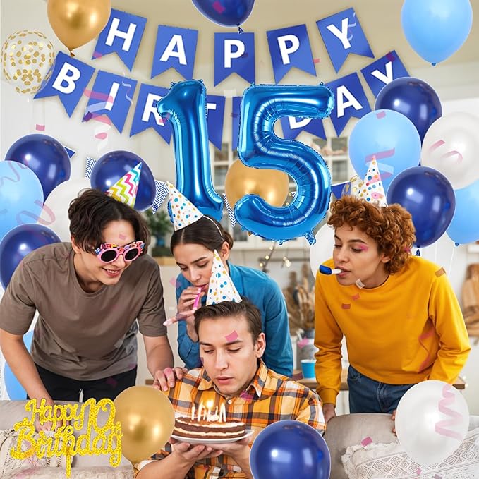 15th Birthday Decorations, Dark Happy Birthday Party Decorations With Number 15 Balloons Metallic Gold Pearl White Light Blue Fringe Curtain Banner Cake Topper For Boy Girl Party Supplies