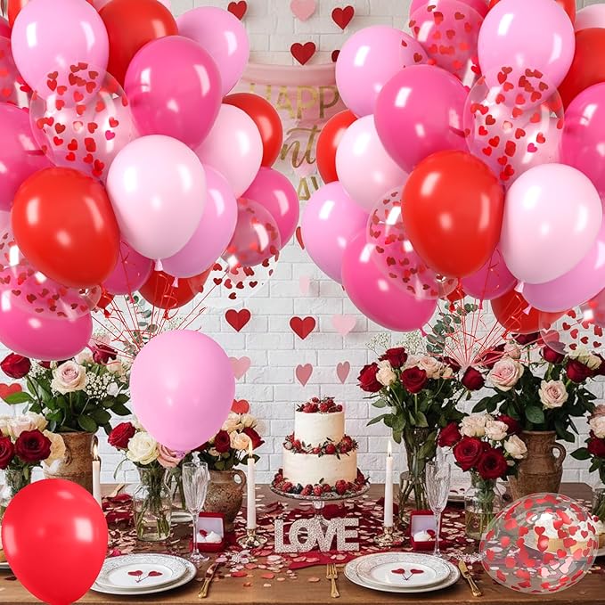 Valentine's Day Balloon, Valentine's Day Party Decoration with Red Hot Pink Balloons Heart Confetti Latex Balloons For Valentine Party Birthday Wedding Bridal Anniversary Engagement Decorations