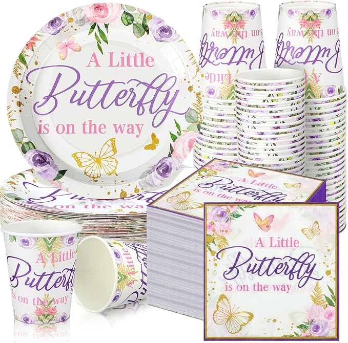 200 Pcs Butterfly Baby Shower Paper Plates Napkins Cups Girl Shower Party Supplies Tableware Set Purple Disposable Cup Napkin for 50 Guest Girls Spring Party Decoration