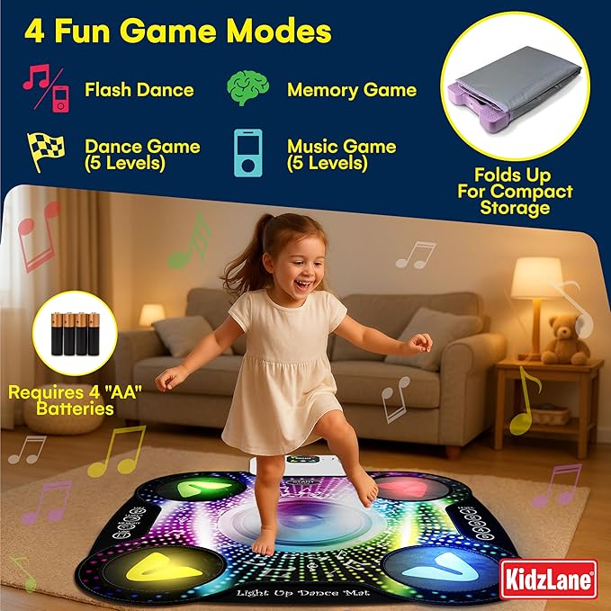 Kidzlane Light Up DJ Dance Mat for Kids - Bluetooth & AUX Compatible - 3 Fun Arcade Games - Adjustable Volume - Detachable Top Mats with Discoball & Speaker Motives - Durable Plastic - Multi-Color