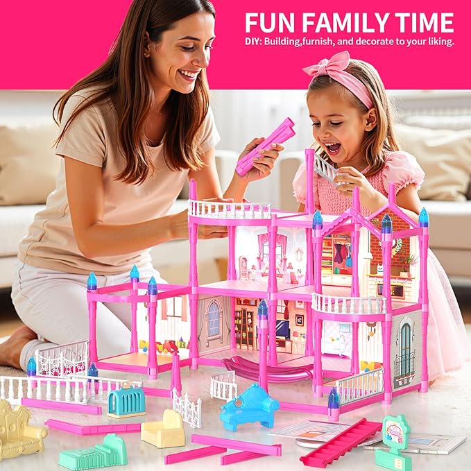 Doll House Toys for Girls, Dollhouse with Glow in The Dark, Kids Doll House Playset with 4-Story 14 Play Areas, 2 Dolls, Toy Dogs, Dollhouse Accessories and Furniture, Princess Toy Gifts