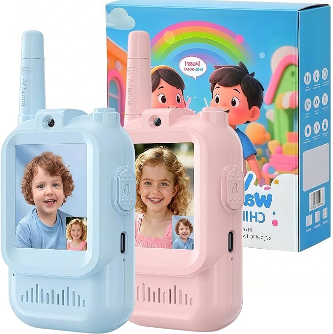 Kids Video Walkie Talkies for Kids Ages 3-5, 2 Pack Rechargeable Long Range Walkie Talkie with HD Camera Screen, Voice Changer Toy for Indoor Outdoor Adventure, Blue Pink